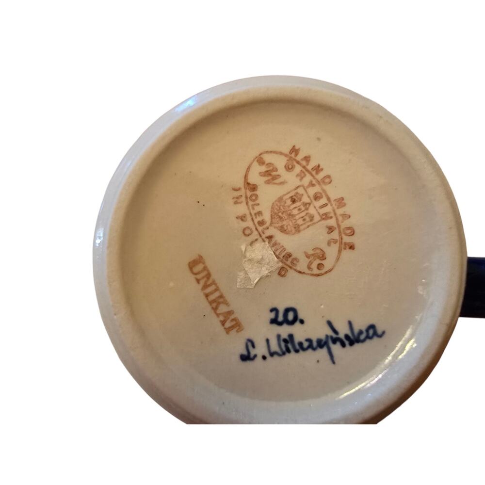 Polish Pottery Unikat Vintage Rare Bountiful Blue Pattern Snack/Mug Set Signed